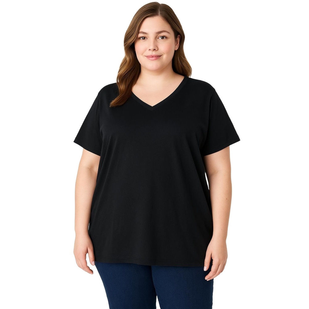 WOMAN WITHIN Black Solid Cotton V-neck Short Sleeve Casual T-Shirt Womens 1X